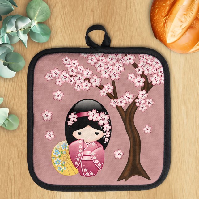 Spring Kokeshi Doll - Cute Japanese Geisha on Pink Pot Holder (Creator Uploaded)