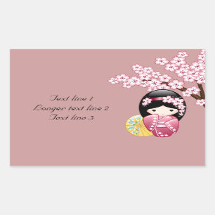 Spring Kokeshi Doll - Cute Japanese Geisha on Pink Rectangular Sticker