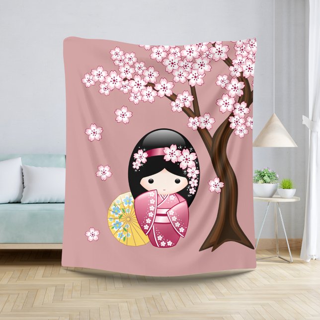 Spring Kokeshi Doll - Cute Japanese Geisha on Pink Sherpa Blanket (Creator Uploaded)