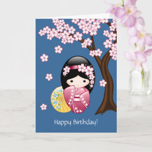 Spring Kokeshi Doll - Japanese Geisha Birthday Card