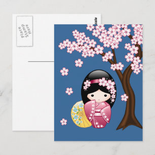 Spring Kokeshi Doll - Japanese Geisha Miss You Postcard