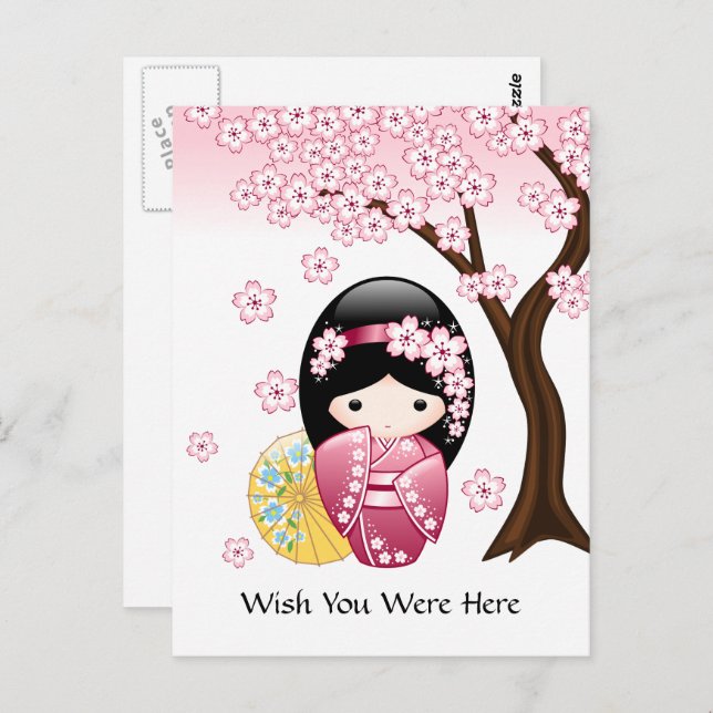 Spring Kokeshi Doll - Japanese Geisha Wish Postcard (Front/Back)
