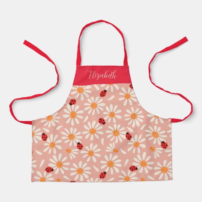 Spring Ladybugs and Daisies Personalized Kids Apron (Front)