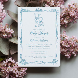 Spring Lamb Cute Doodle Blue Boy Baby Shower Invitation
