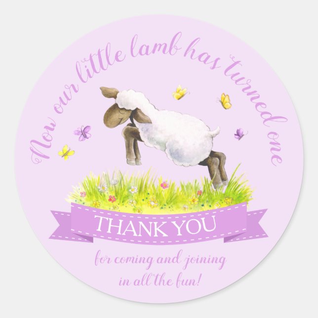 Spring lamb cute purple birthday thank you classic round sticker (Front)