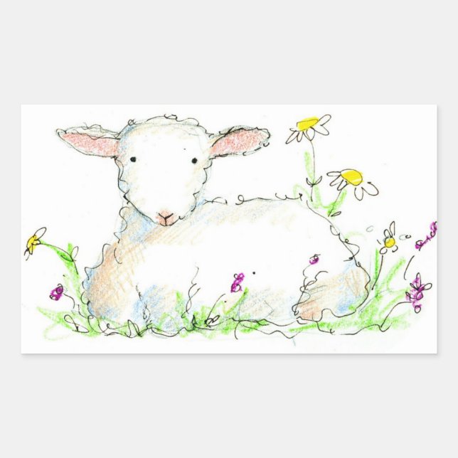 Spring Lamb Sheep Farm Animal Illustration Art Rectangular Sticker (Front)