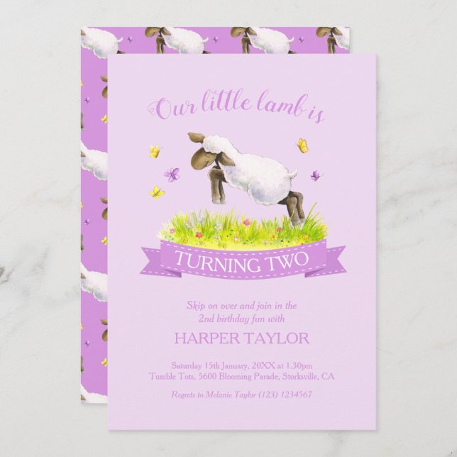 Spring lamb skipping cute purple 2nd birthday invitation (Front/Back)