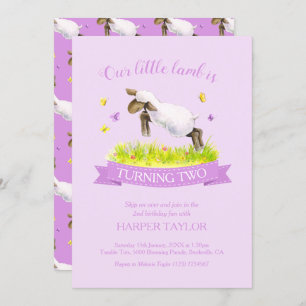 Spring lamb skipping cute purple 2nd birthday invitation