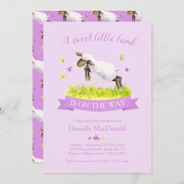 Spring lamb skipping cute purple baby shower invitation (Front/Back)