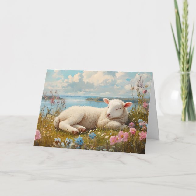 Spring Lamb Sleeping in Wildflower Meadow Holiday Card (Front)