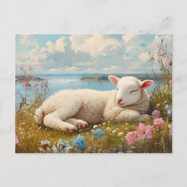 Spring Lamb Sleeping in Wildflower Meadow Postcard (Front)