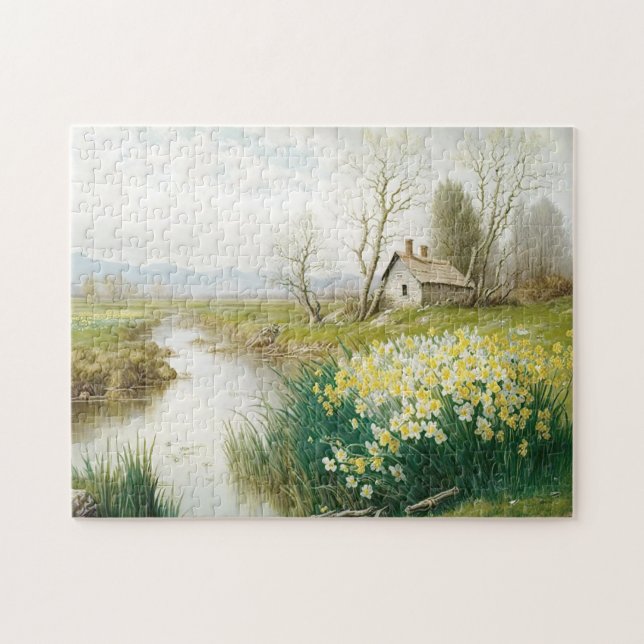 Spring Landscape House Stream Daffodil Flower      Jigsaw Puzzle (Horizontal)