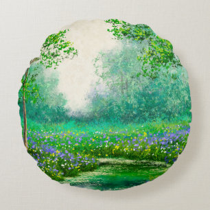 Spring landscape oil painting, forest. round cushion