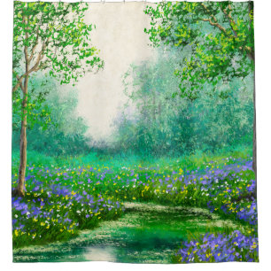 Spring landscape oil painting, forest. shower curtain