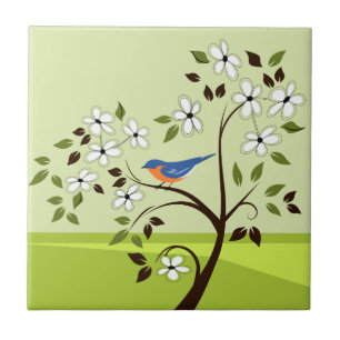 Spring Landscape With Bluebird Ceramic Tile
