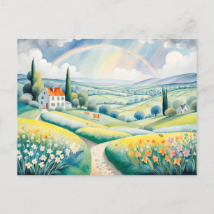 Spring Landscape with Rainbow over Italian Hills Postcard