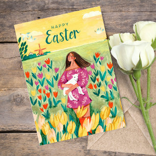 Spring landscape yellow girly people drawing Holiday Card