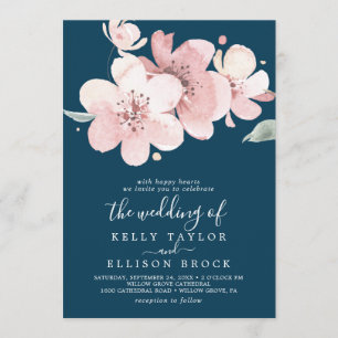Spring Large Cherry Blossom   Navy Wedding Invitation
