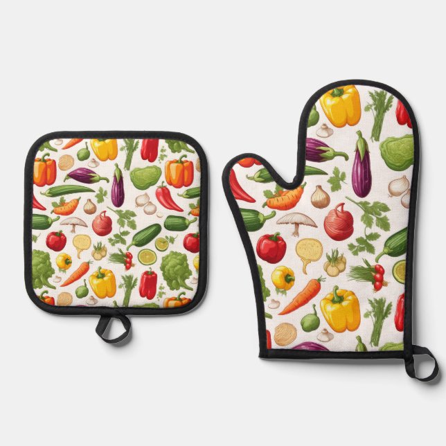 Spring leafy garden vegetables pattern oven mitt & pot holder set (Front)