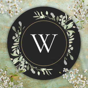 Spring Leaves Greenery Monogram Initial Classic Round Sticker