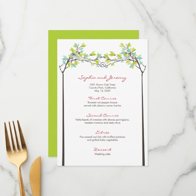 Spring Leaves Knotted Branches Love Trees Wedding Menu (Front/Back In Situ)