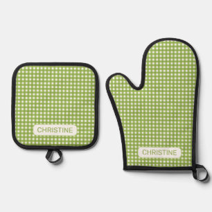 Spring light green gingham oven mitt & pot holder set