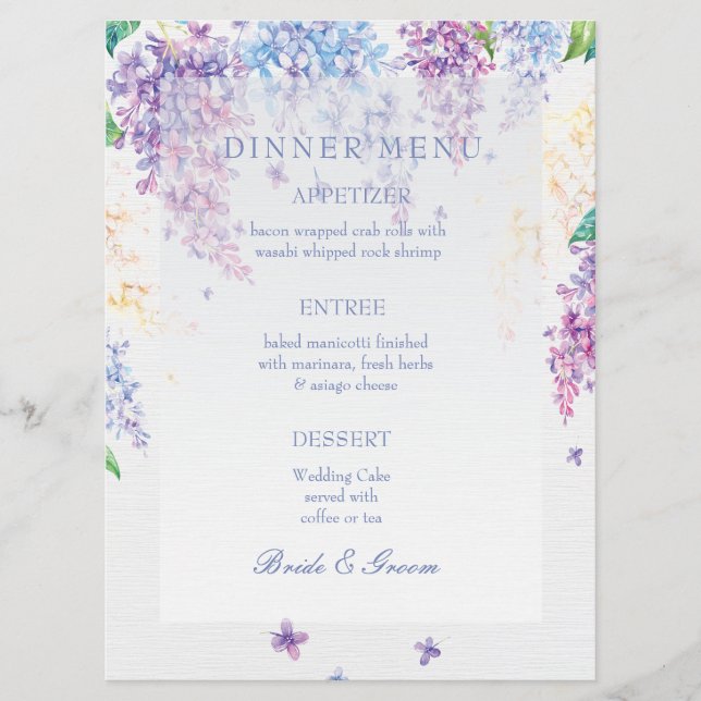 Spring Lilac Flower Blossom-Floral Wedding Menu (Front)