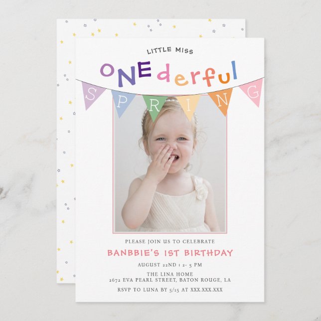 Spring Little Miss Onederful Photo 1st Birthday Invitation (Front/Back)