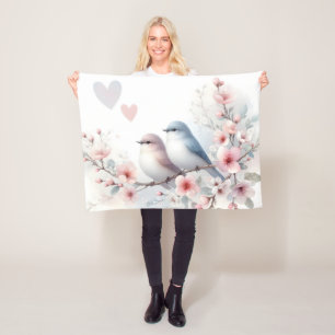 Spring Love Birds Cherry Blossom Floral Fleece Blanket