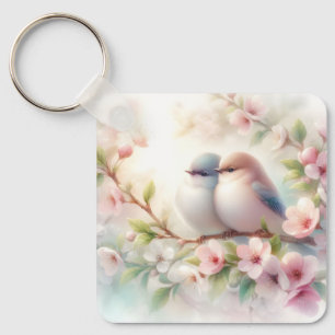 Spring Love Birds Cherry Blossom Floral Key Ring