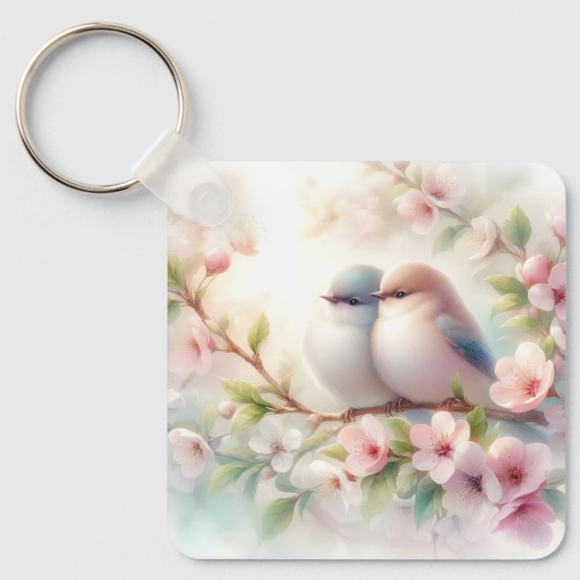 Spring Love Birds Cherry Blossom Floral Key Ring (Front)