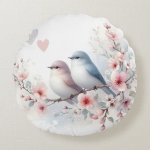 Spring Love Birds Cherry Blossom Floral Round Cushion