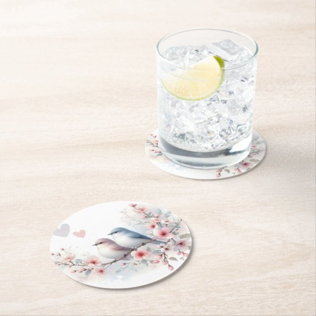 Spring Love Birds Cherry Blossom Floral Round Paper Coaster (Insitu)