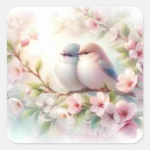 Spring Love Birds Cherry Blossom Floral Square Sticker