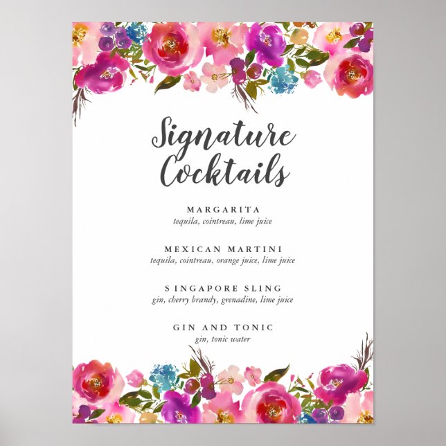 Spring Lush | Pink Floral Signature Cocktail Menu Poster (Front)