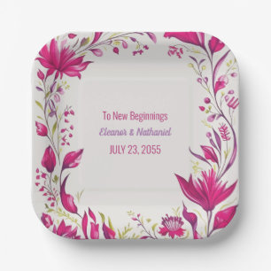 Spring Magenta Garden Floral Wedding Paper Plate