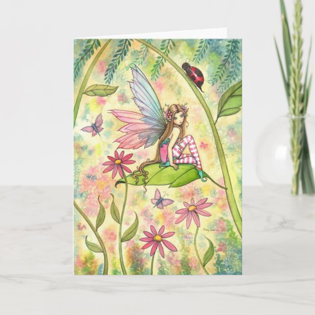 Spring Magic Cute Fairy and Ladybug Fantasy Art Card (Front)