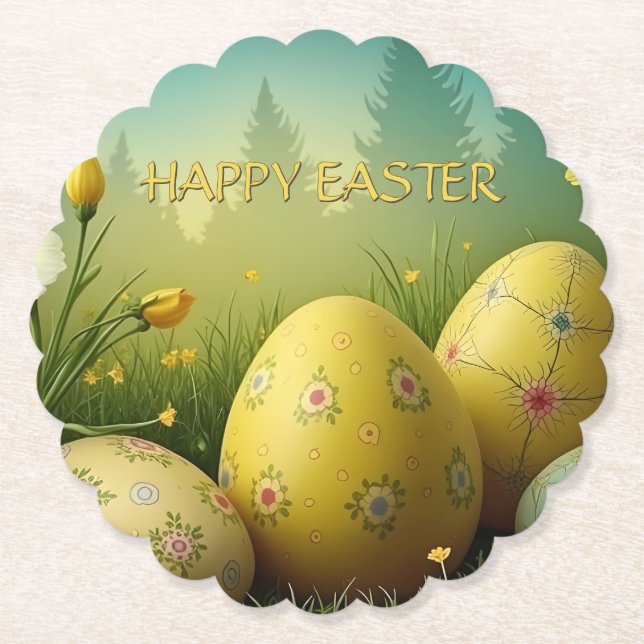 Spring Magic with Easter Eggs in a Sea of Flowers Paper Coaster (Front)