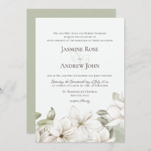 Spring Magnolia Blossom Blush and Sage Wedding Invitation