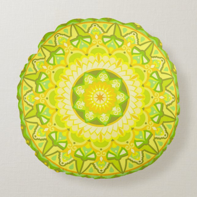 Spring Mandala Green Yellow Boho Floral Round Cushion (Front)