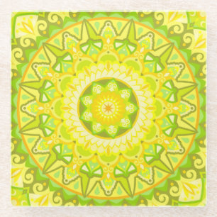 Spring Mandala Green Yellow Floral Boho Drink Glass Coaster