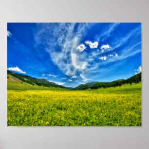 Spring meadow and blue sky poster