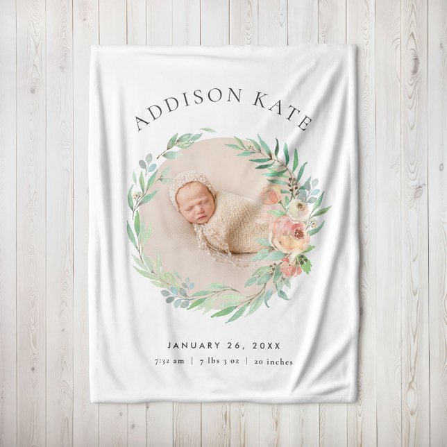 Spring Meadow Floral Baby Photo Birth Stats Fleece Blanket (Creator Uploaded)
