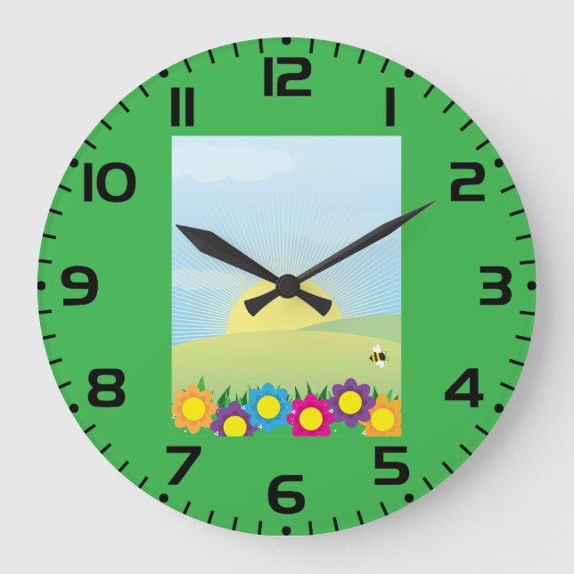 Spring Meadow Sunburst with Colourful Flowers Large Clock (Front)
