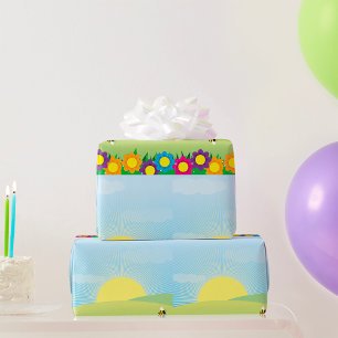 Spring Meadow Sunburst with Colourful Flowers Wrapping Paper