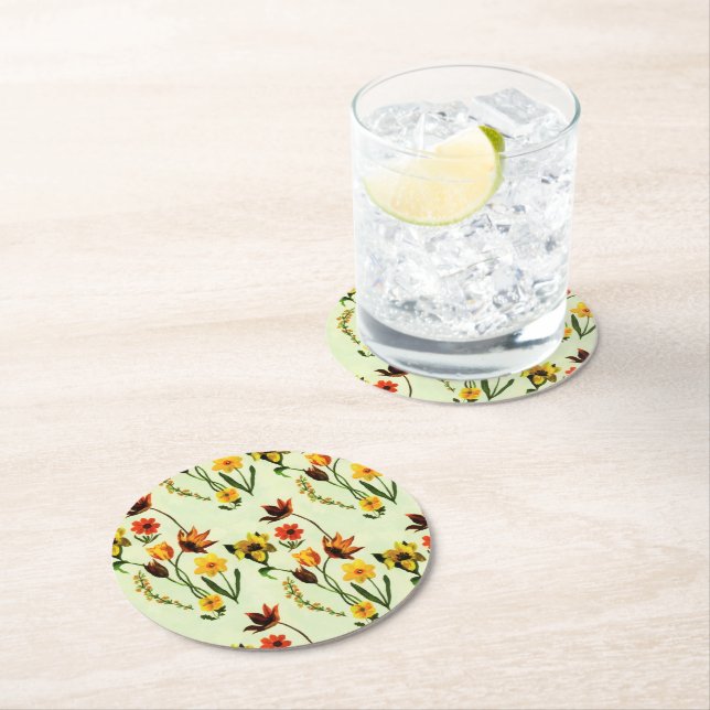 Spring Meadow Yellow Wildflowers Watercolor Round Paper Coaster (Insitu)