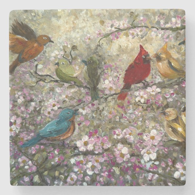 Spring Meet: Colorful Songbirds Bird Lovers Gifts Stone Coaster (Front)