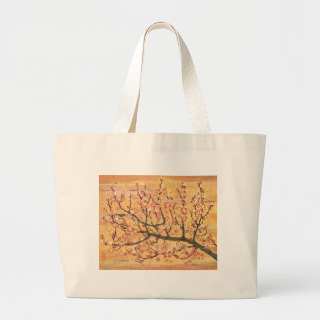 Spring Melody: Plum Blossom & Bush Warbler Large Tote Bag (Front)