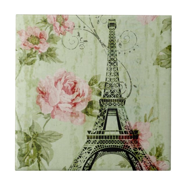 spring mint pink floral french paris eiffel tower ceramic tile (Front)