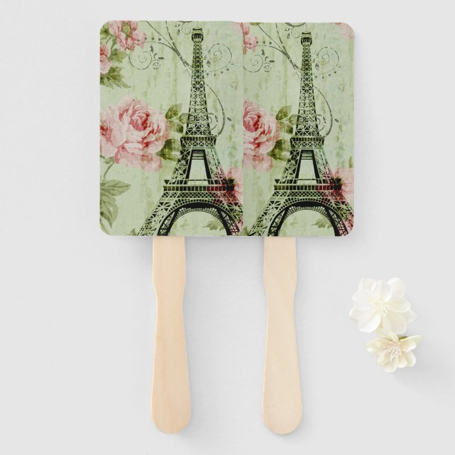 spring mint pink floral french paris eiffel tower hand fan (Front and Back)